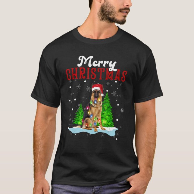Camiseta Merry Christmas German Shepherd Tree Lights Dog (Frente)