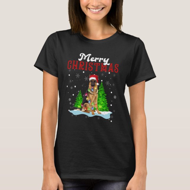 Camiseta Merry Christmas German Shepherd Tree Lights Dog (Frente)