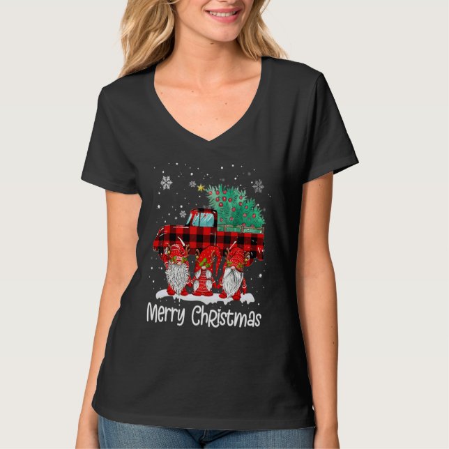 Camiseta Merry Christmas Gnomes Santa Reindeer Plaid Truck  (Frente)