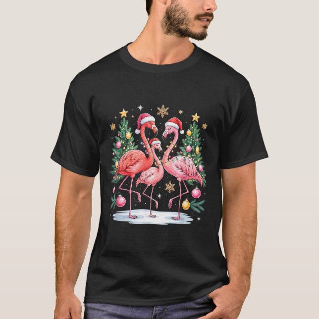Camiseta Merry Christmas Hat Santa Flamingo Light Christmas (Frente)