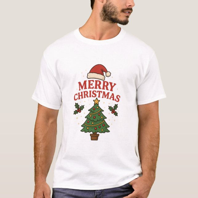Camiseta Merry Christmas Holiday Tree & Santa Hat Festive  (Frente)