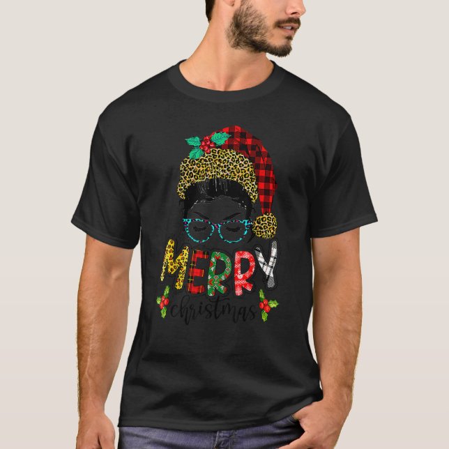 Camiseta Merry Christmas Leopard Messy Bun Happy Xmas 4 (Frente)