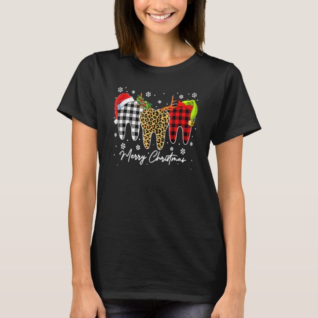 Camiseta Merry Christmas Leopard Plaid Teeth Santa Reindeer (Frente)