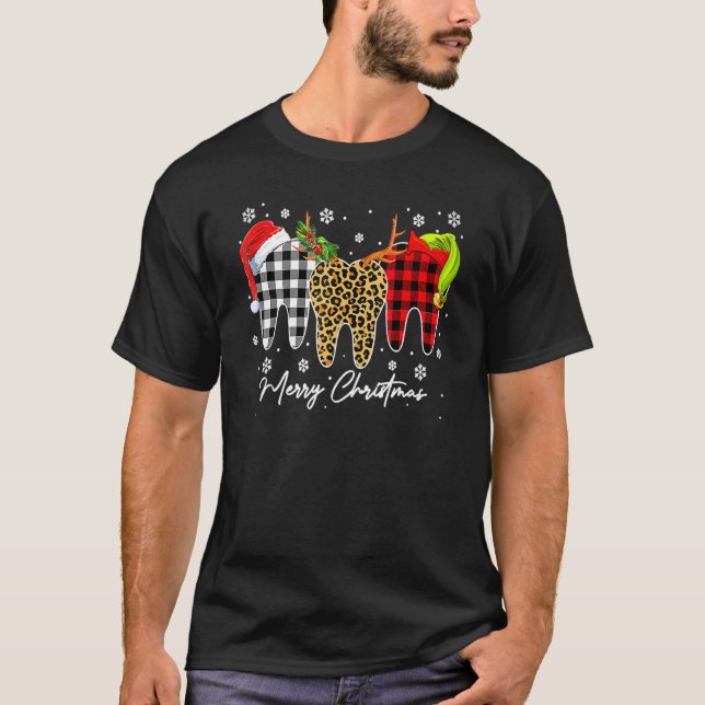 Camiseta Merry Christmas Leopard Plaid Teeth Santa Reindeer (Frente)