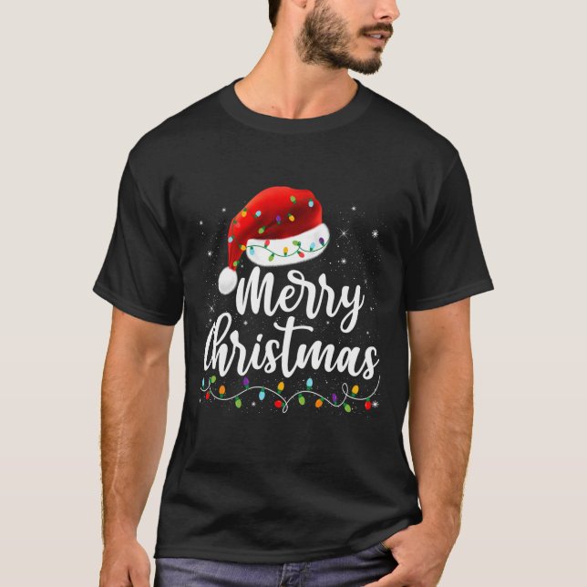 Camiseta Merry Christmas Lights Red Santa Hat Xmas Family M (Frente)