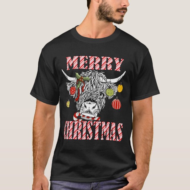 Camiseta Merry Christmas Longhorn Cow Candycane Xmas Holida (Frente)