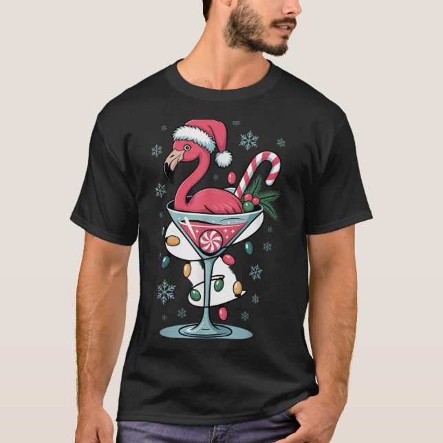 Camiseta Merry Christmas Nk Flamingo Wine Drinking Lights X (Frente)