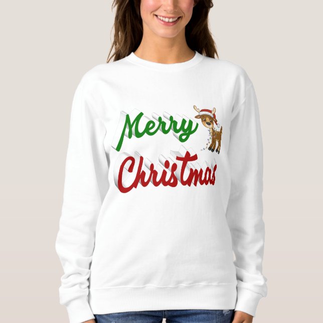 Camiseta Merry Christmas Reindeer red green script (Frente)