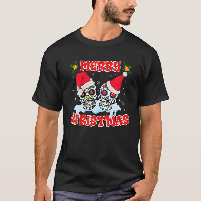 Camiseta Merry Christmas Santa Sugar Skull Christmas Family (Frente)