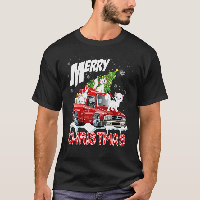 Camiseta Merry Christmas Three Cats Xmas Tree On Pickup Tru (Frente)
