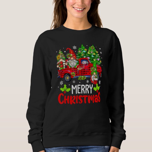 Camiseta Merry Christmas  Three Gnome Buffalo Plaid Red Tru (Frente)