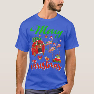 Camiseta Merry Christmas Three Santa Flamingos Sleigh Campi