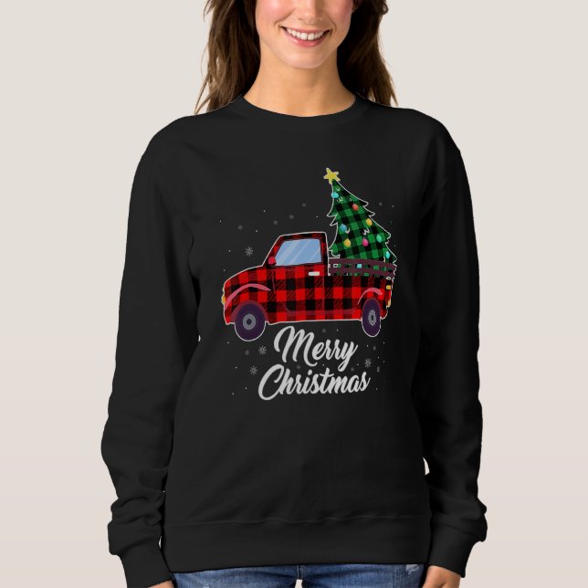 Camiseta Merry Christmas Tree Buffalo Plaid Red Truck (Frente)