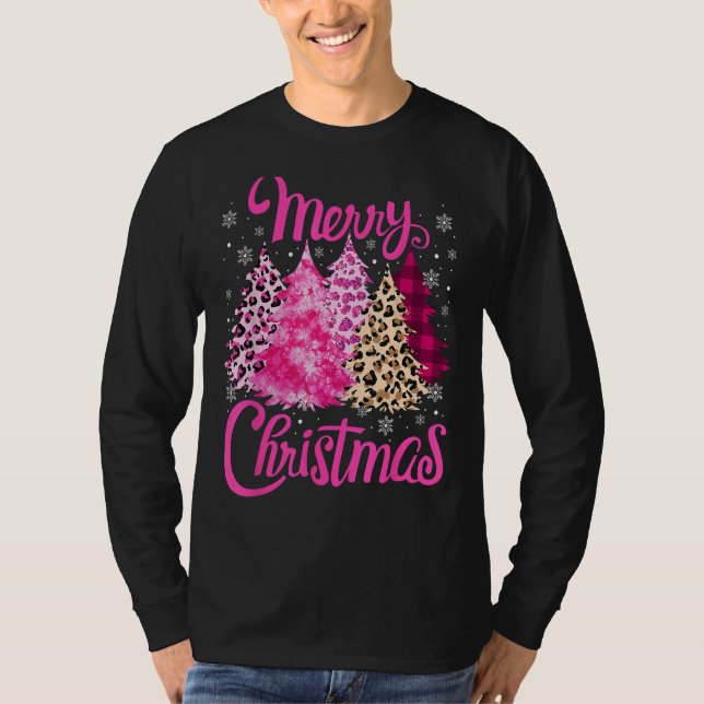 Camiseta Merry Christmas Tree Pink  Xmas Leopard Matching F (Frente)