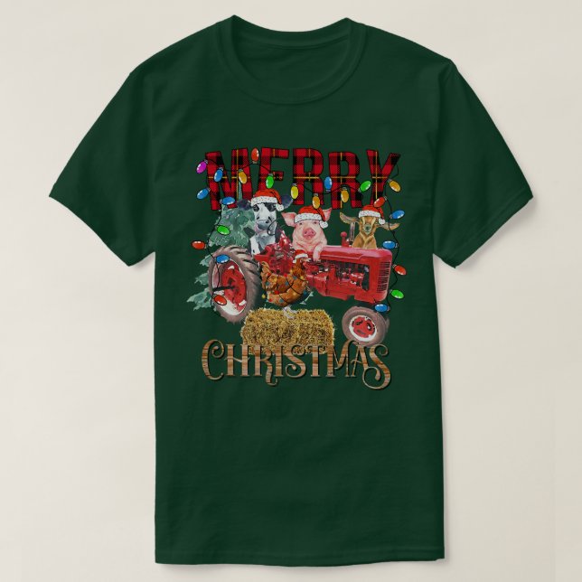 Camiseta Merry Christmas Tree Red Tractor Lighting Farmer C (Frente do Design)