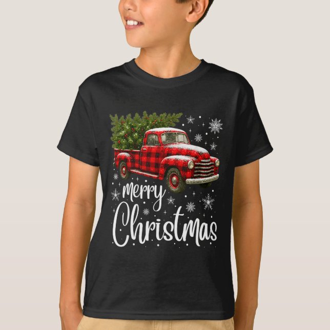 Camiseta Merry Christmas Truck Buffalo Plaid Xmas Tree Men  (Frente)