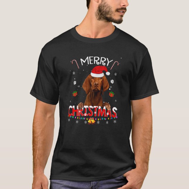Camiseta Merry Christmas Vizsla Dog Santa Hat Xmas Pajama (Frente)