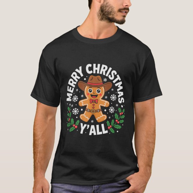 Camiseta Merry Christmas Yall Gingerbread Cowboy Howdy West (Frente)