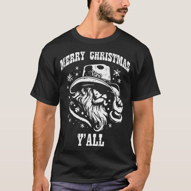 Camiseta Merry Christmas Yall Santa Cowboy Xmas Country Men (Frente)