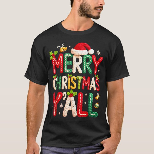 Camiseta Merry Christmas Y'all Santa Crochet Knitting Quilt (Frente)