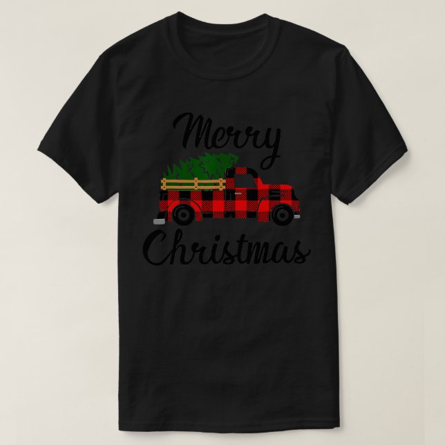 Camiseta Merry ChristmasTree On Buffalo Plaid Truck  (Frente do Design)