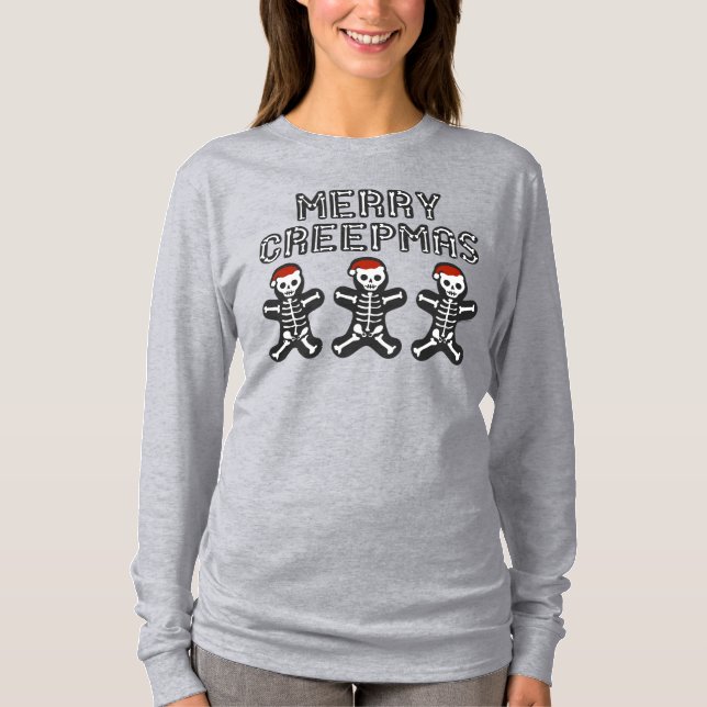 Camiseta Merry Creepmas Skeleton Gingerbread Men (Frente)