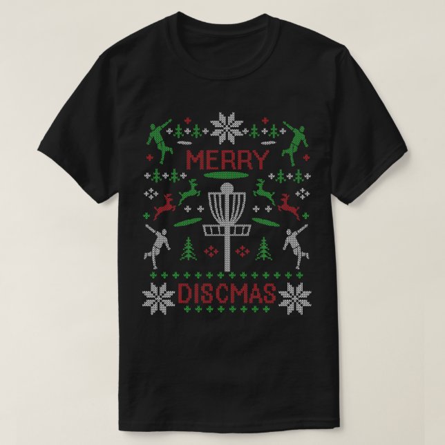Camiseta Merry Discmas Disc Golf Ugly Christmas Sweater Par (Frente do Design)