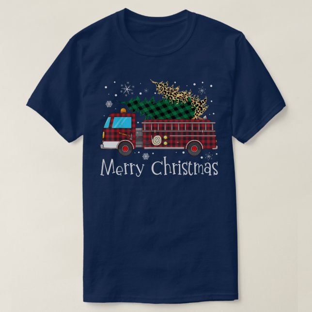 Camiseta Merry Firefighter Christmas Tree Fire Truck Buffal (Frente do Design)