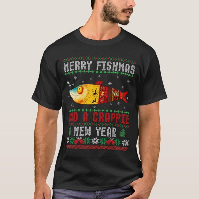 Camiseta Merry Fishmas And A Crape New Year Ugly Fisherman  (Frente)