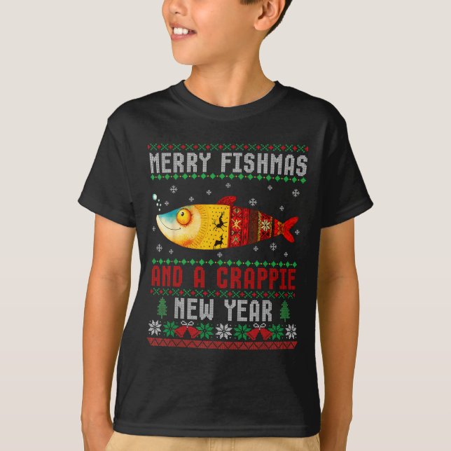 Camiseta Merry Fishmas And A Crape New Year Ugly Fisherman  (Frente)