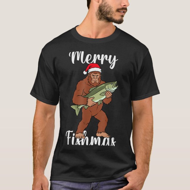 Camiseta Merry Fishmas Bigfoot Fishing Funny Sasquatch Sant (Frente)