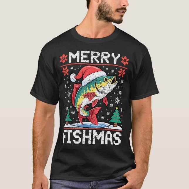 Camiseta Merry Fishmas Ugly Christmas Sweater Fishing Lover (Frente)