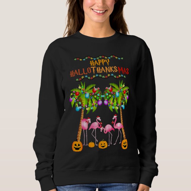 Camiseta Merry Flamingo Halloween Christmas Happy Hallothan (Frente)