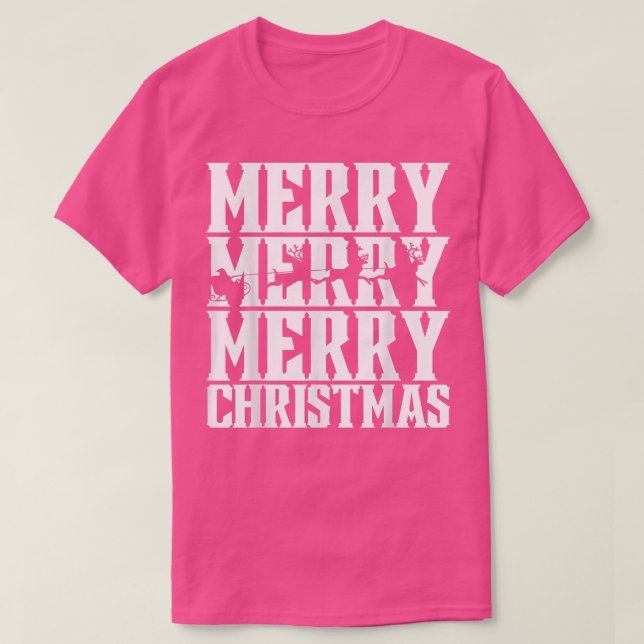 Camiseta Merry Merry Merry Christmas Santas Sleigh & Flying (Frente do Design)