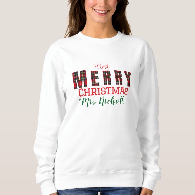 Camiseta MERRY Mrs. Royal Stewart Red 1st Christmas Plaid (Frente)