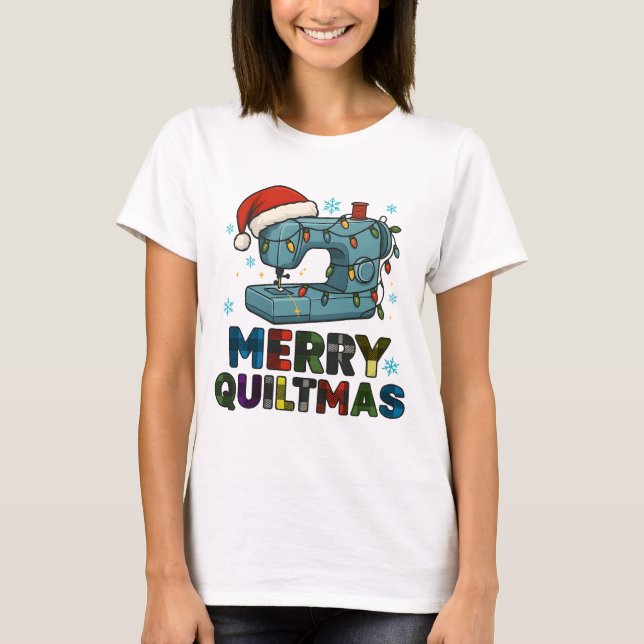 Camiseta Merry Quiltmas Sewing Machine  (Frente)