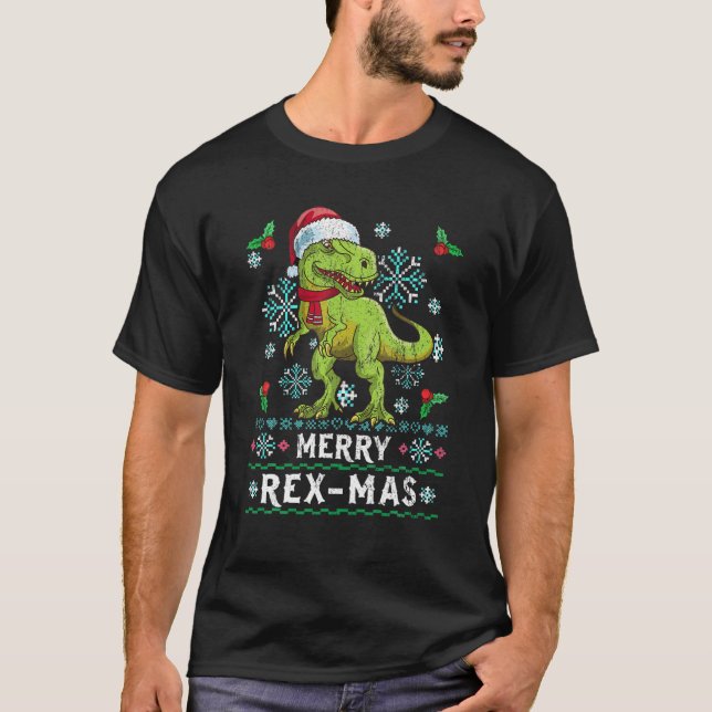 Camiseta Merry Rex-Mas Christmas Rex Dinosaur Ugly Sweater (Frente)