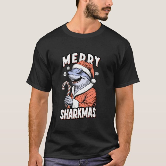 Camiseta Merry Sharkmas Funny Shark Santa Claus Candy Cane  (Frente)