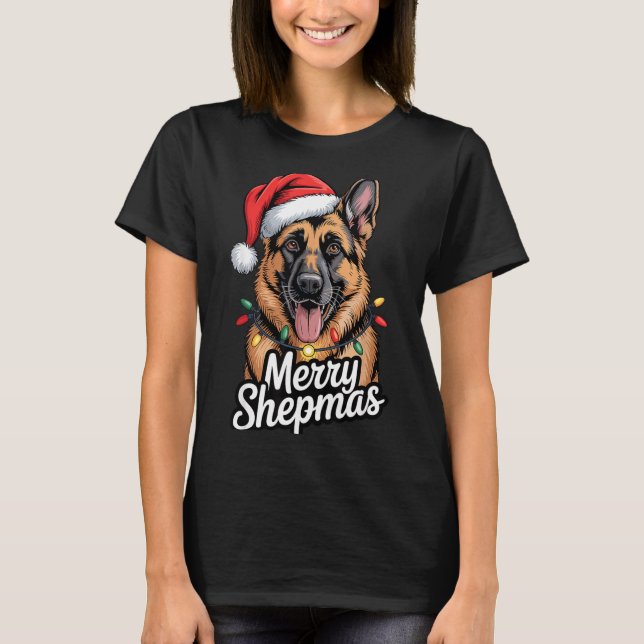 Camiseta Merry Shepmas German Shepherd Christmas Lights Hum (Frente)