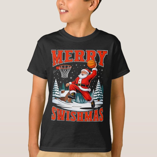 Camiseta Merry Swishmas Santa Playing Basketball Christmas  (Frente)