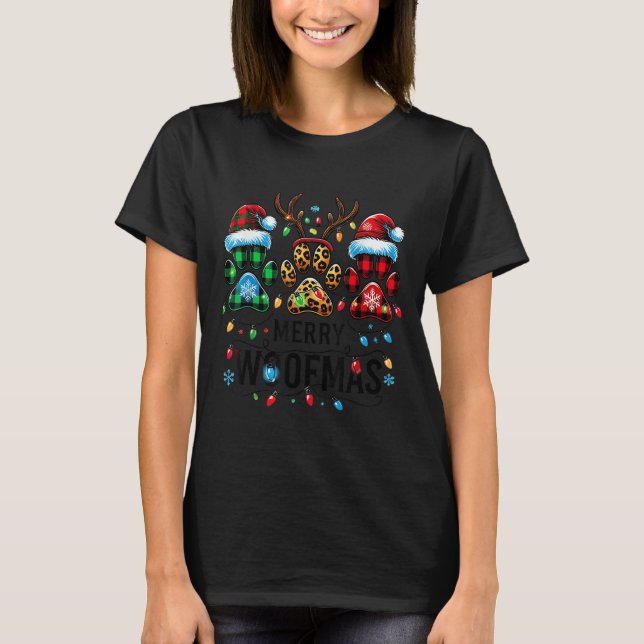 Camiseta Merry Woofmas Christmas Dog Paws Lights Buffalo Pl (Frente)