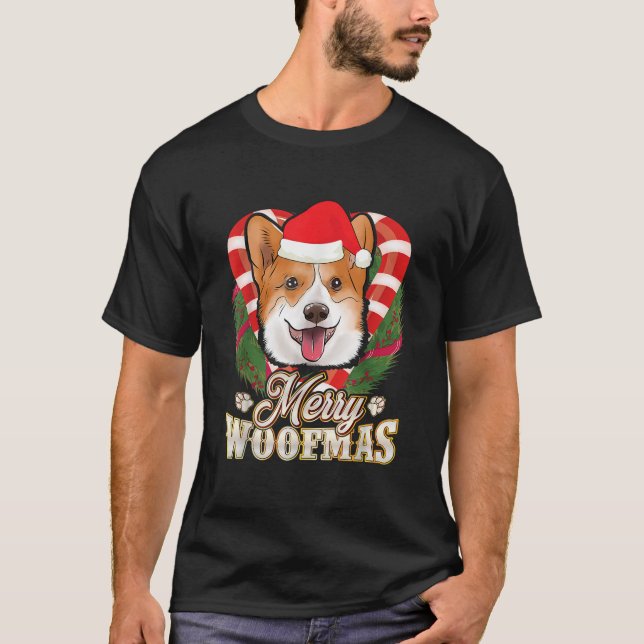 Camiseta Merry Woofmas Corgi With Santa Claus Hat Dog Chris (Frente)