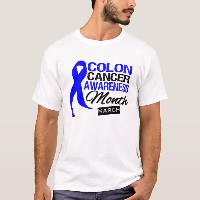 Camiseta Mês da consciência do cancro do cólon da fita azul (Frente)