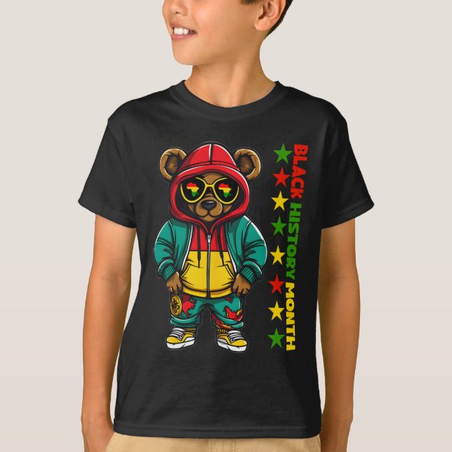 Camiseta Mês da História Negra Hip Hop Urso Fofo Afro-Ameri (Frente)
