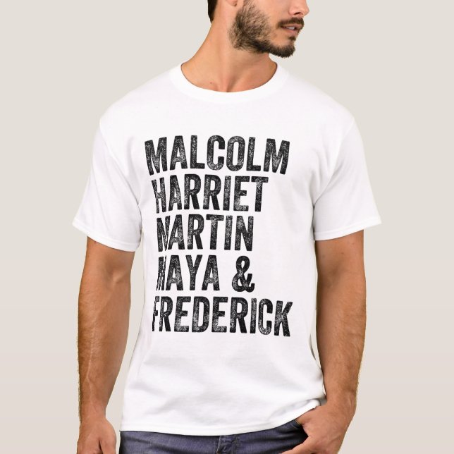 Camiseta Mês da História Negra Malcolm Harriet Martin Maya  (Frente)