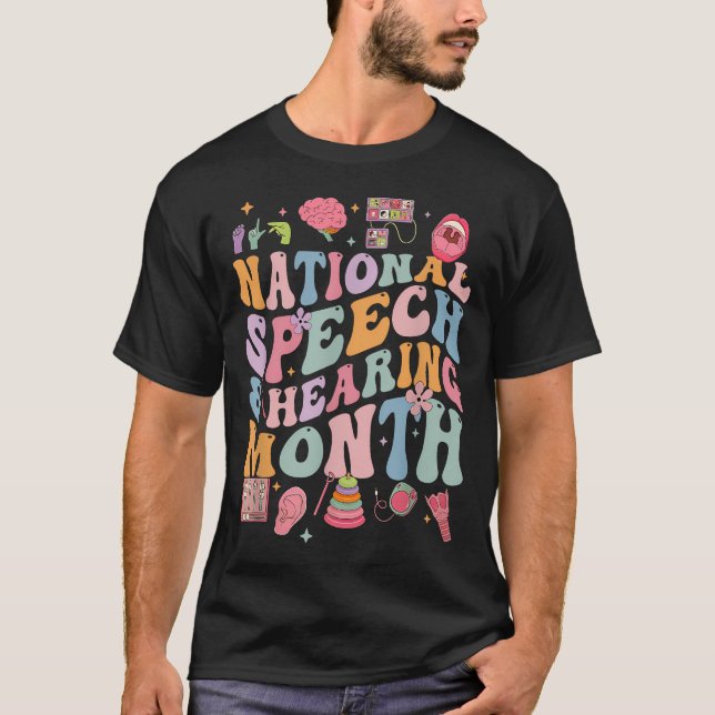 Camiseta Mês Retro Nacional de Audição da Fala Slp Fala (Frente)