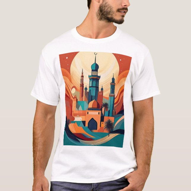 Camiseta Mesquita Serene Árabe: Impressão de Arte Cultural (Frente)