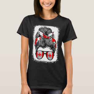 Camiseta Messy Bun Hair Canadá Bandeiras Vidraças Canadiana