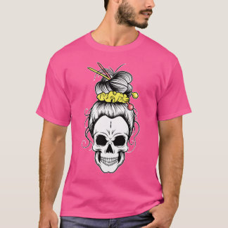 Camiseta Messy Bun Skull Shirt Women'S Grandma Knitting Hal