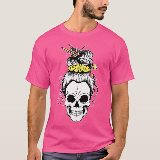 Camiseta Messy Bun Skull Shirt Women'S Grandma Knitting Hal (Frente)